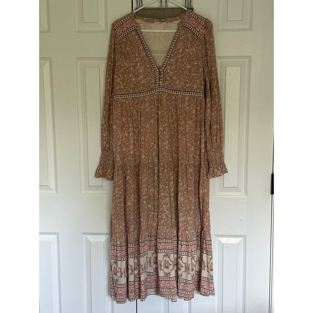 In Loom Floral Boho Maxi Dress Pink Tan V-Neck Smocked Sleeve Size L